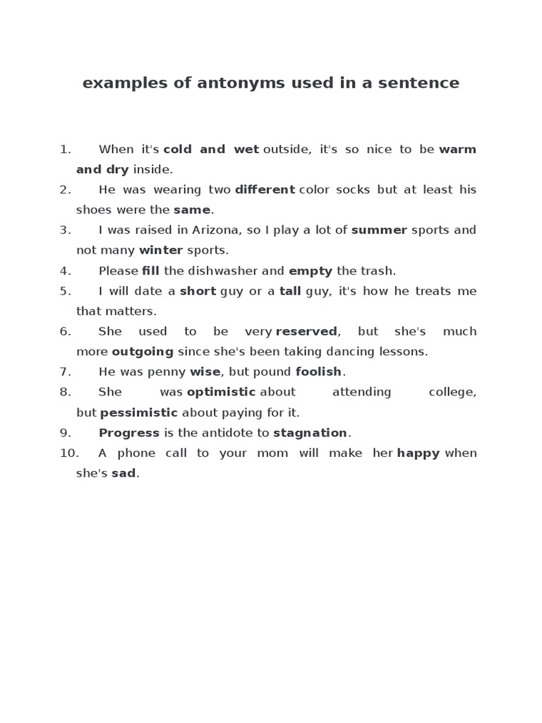 50 Examples of Antonyms With Sentences