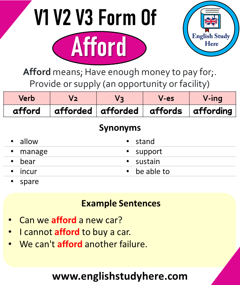 Afford Past And Past Participle Form V1 V2 V3 V4 V5 Form of Afford