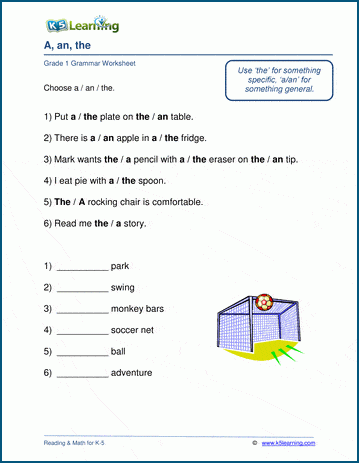Article Worksheet for Grade 1