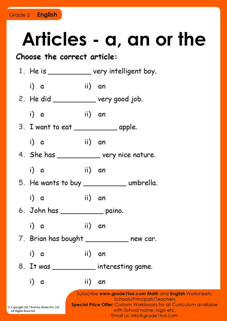 Article Worksheet for Grade 2