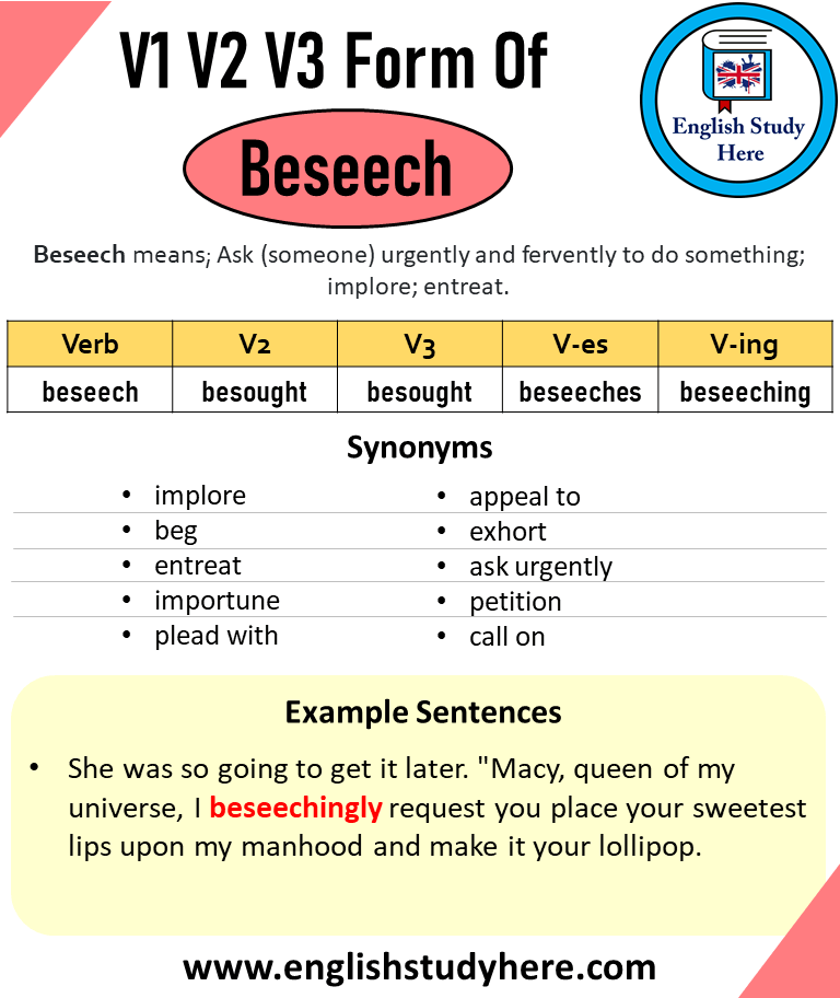 Beseech Past And Past Participle Form V1 V2 V3 V4 V5 Form of Beseech