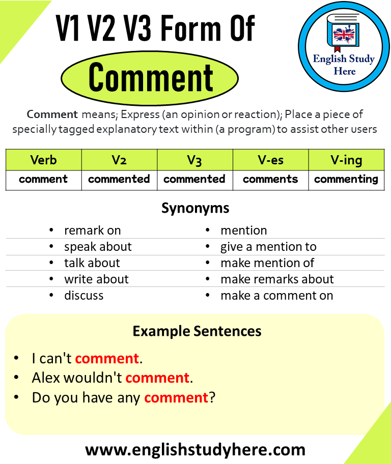 Comment Past And Past Participle Form V1 V2 V3 V4 V5 Form of Comment