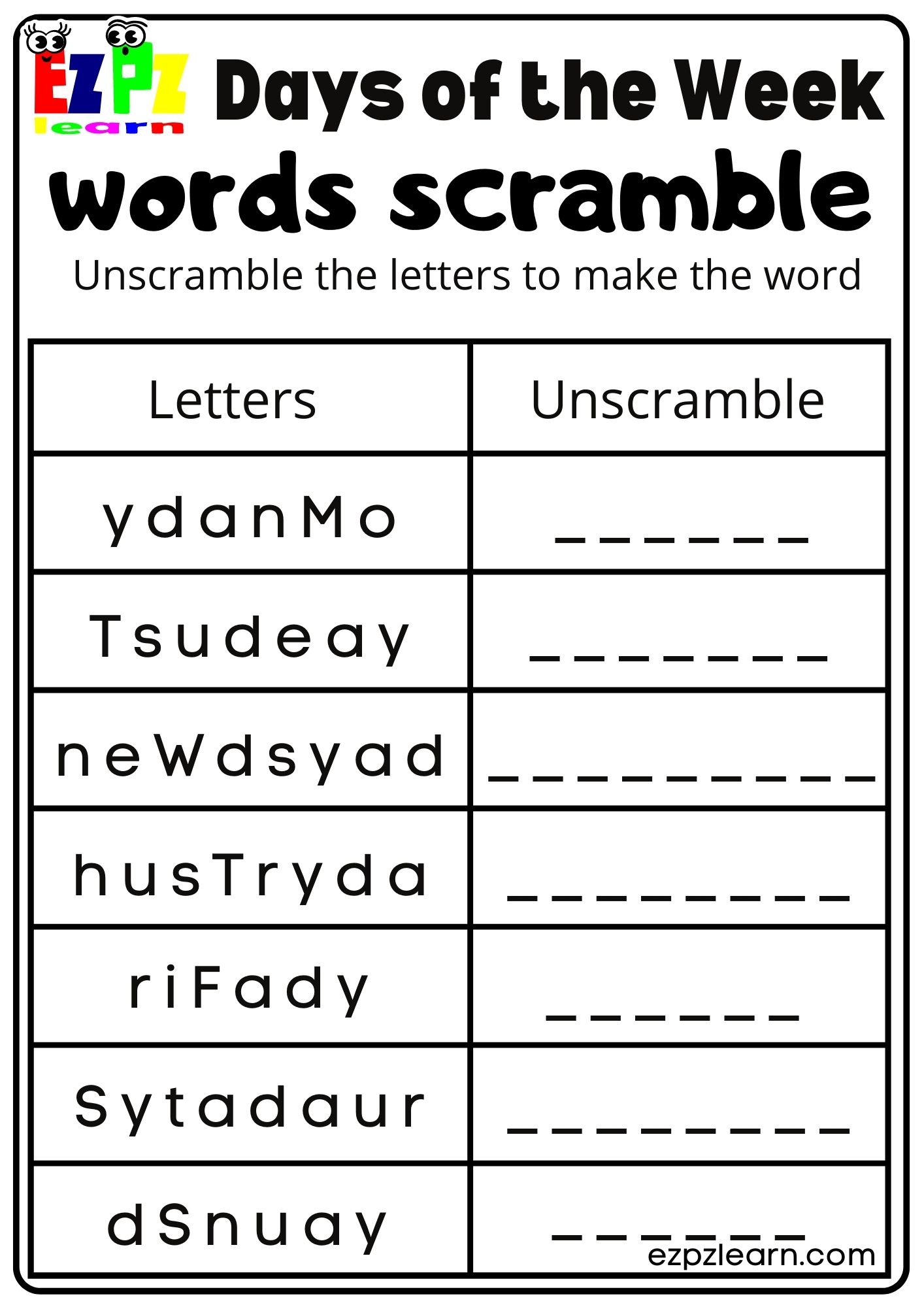 Days of Week Worksheet