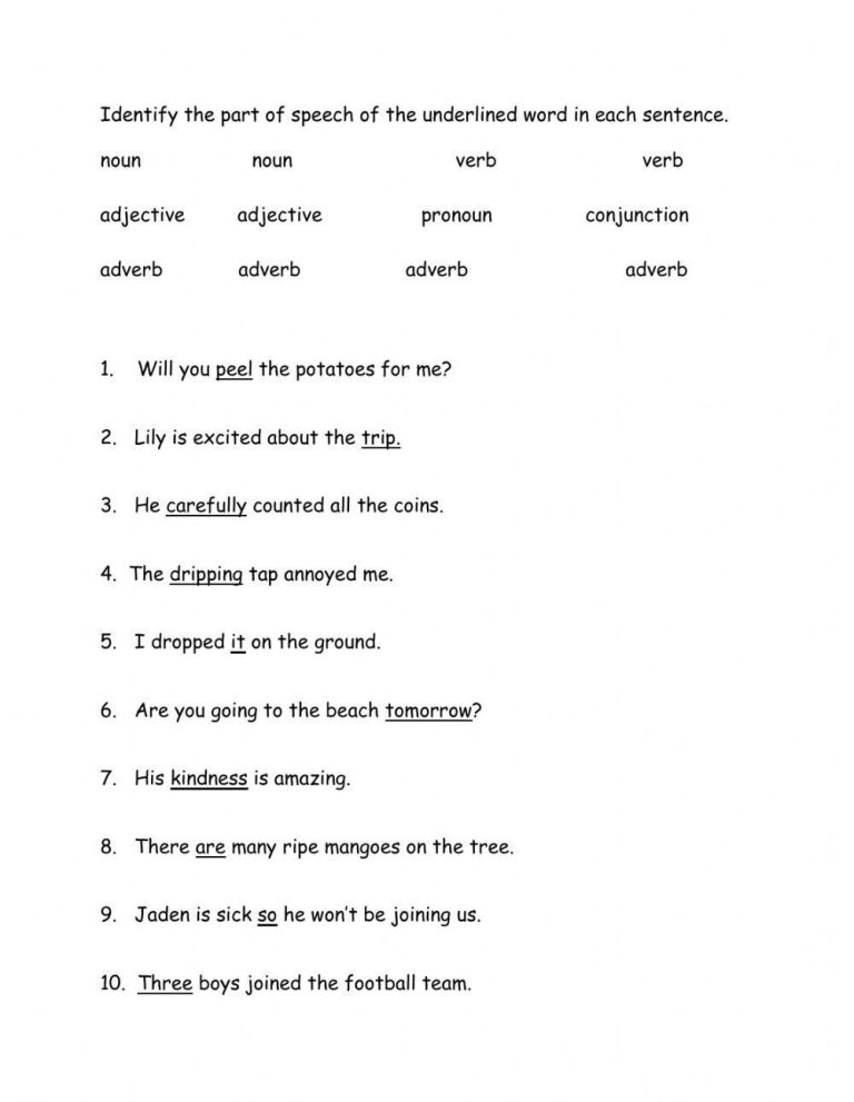 Identify Parts of Speech Worksheet
