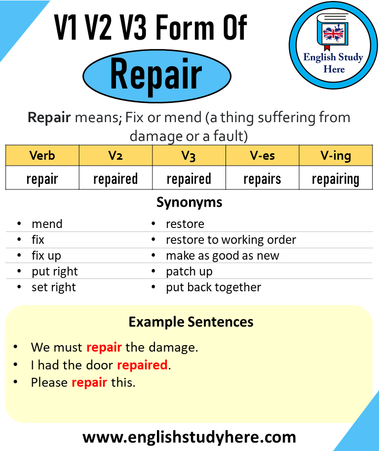 Repair Past And Past Participle Form V1 V2 V3 V4 V5 Form of Repair