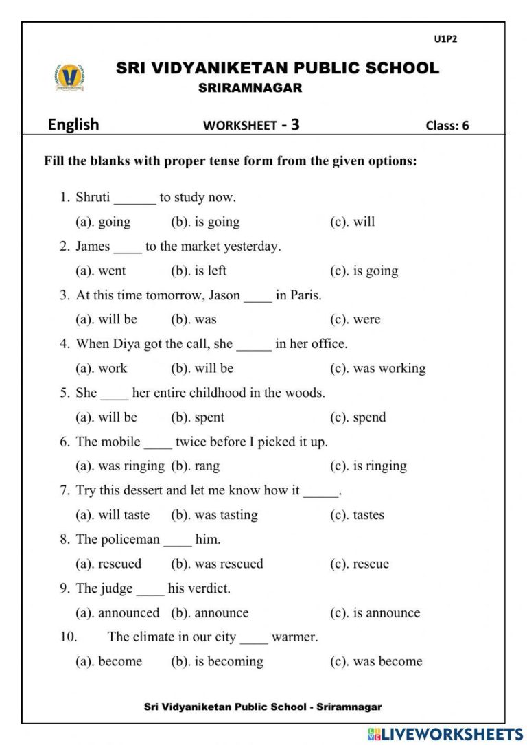 Tense Worksheet for Class 6